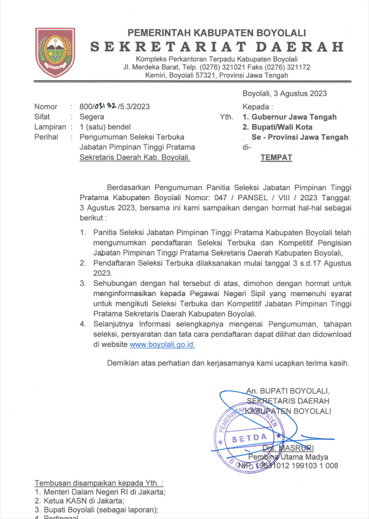 Pengumuman Seleksi Terbuka JPT Pratama Sekretaris Daerah Kabupaten Boyolali Tahun 2023